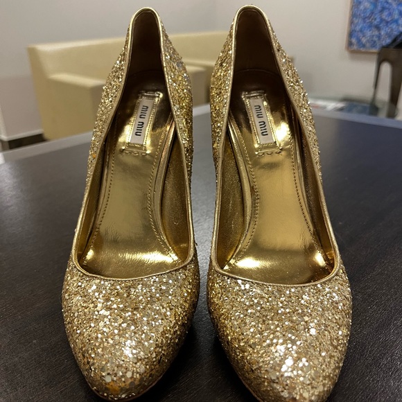 MIU MIU Argento Gold Glitter Heels EU 38 - Picture 2 of 7